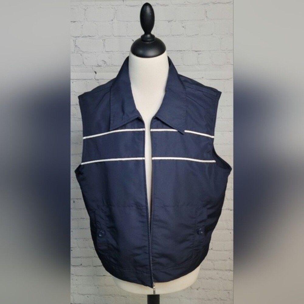Lizgolf by Liz Claiborne Golf Vest size Lg Navy & White Button Pockets Full Zip